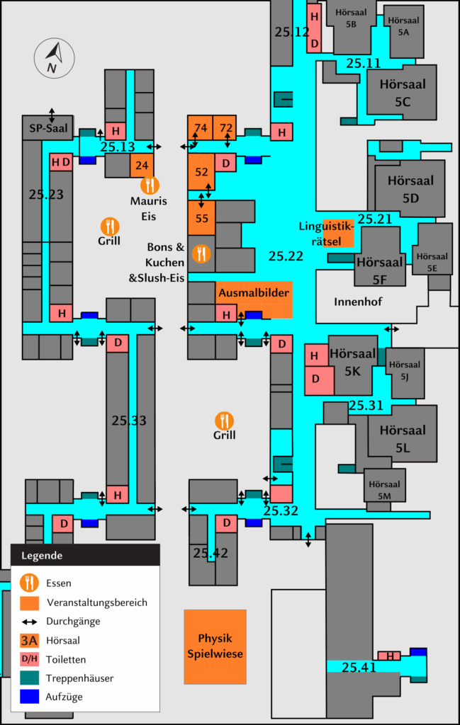 Plan des Gebäudes im Untergeschoss, wo die meisten Aktionen stattfinden.